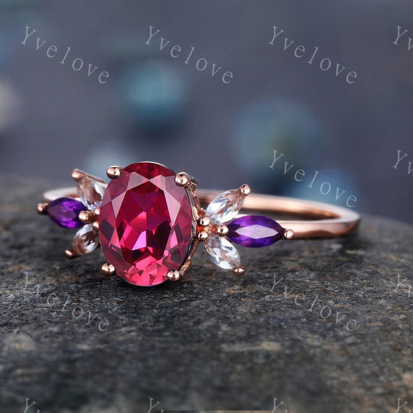 Vintage Ruby Engagement Ring 14k Rose Gold Women Moissanite Amethyst Gem Matching Band Promise Bridal Stacking Ring Set July Gift for her
