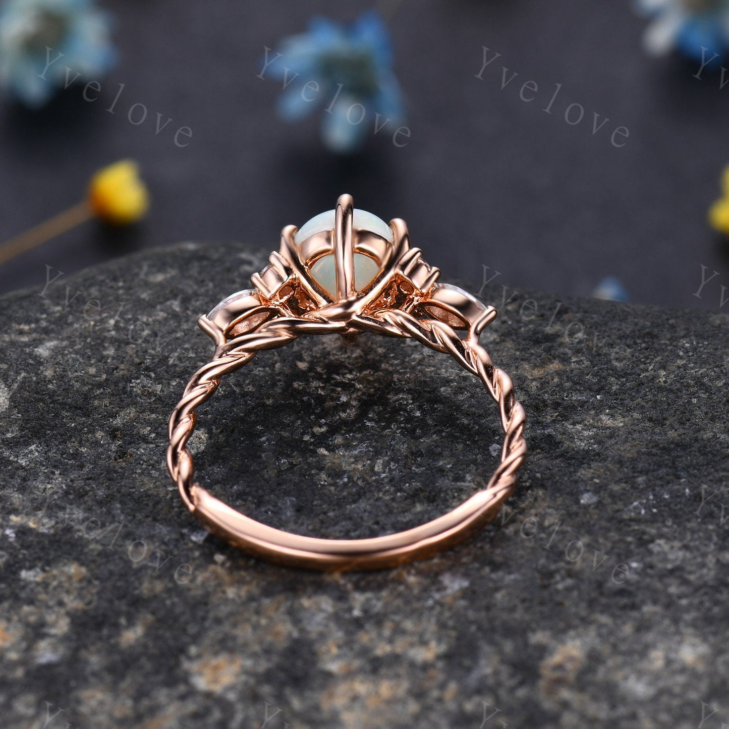 Natural Opal Engagement Ring rose gold,Pear shaped ring,Prong set Moissanite Diamond ring,Twisted Ring women,Anniversary promise ring