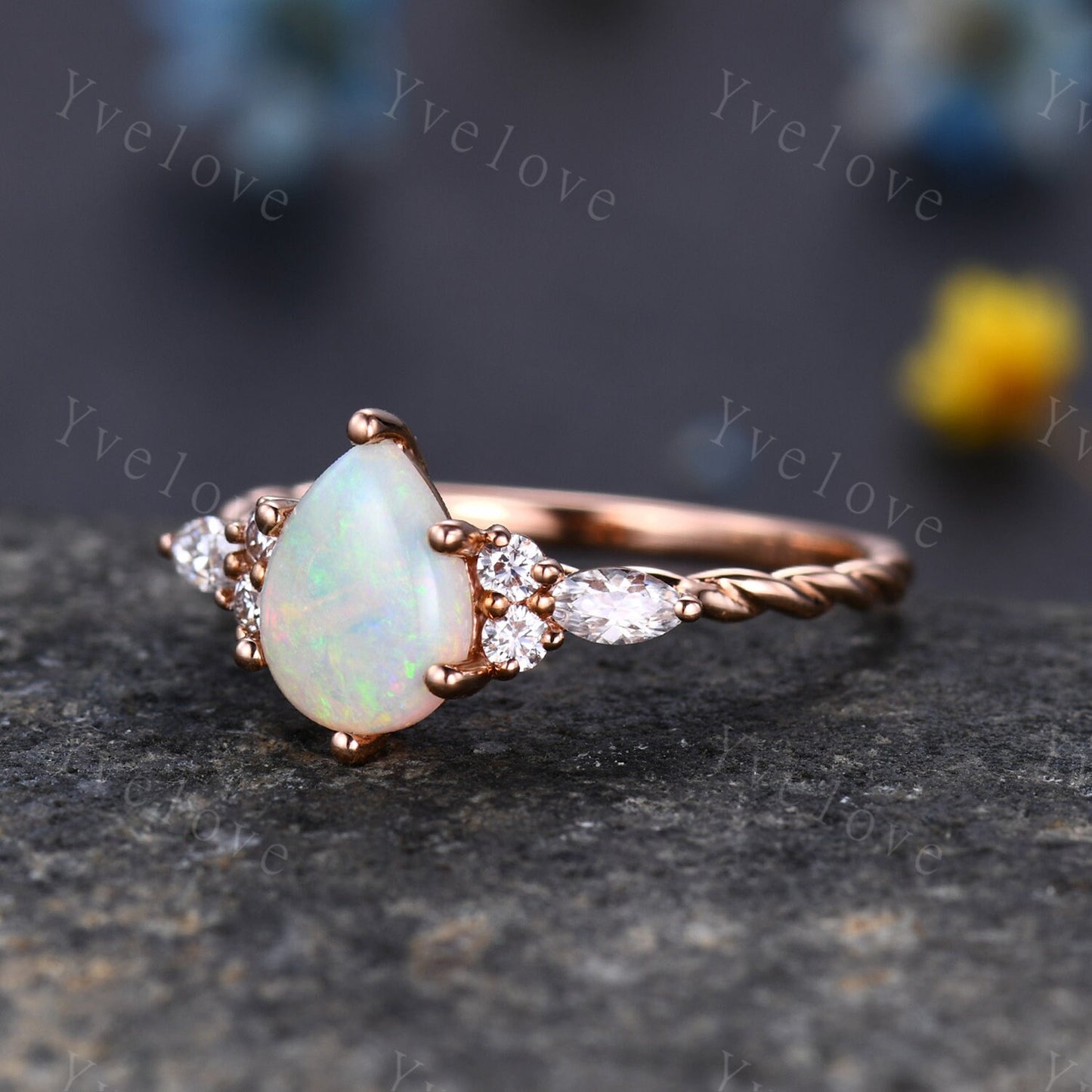 Natural Opal Engagement Ring rose gold,Pear shaped ring,Prong set Moissanite Diamond ring,Twisted Ring women,Anniversary promise ring