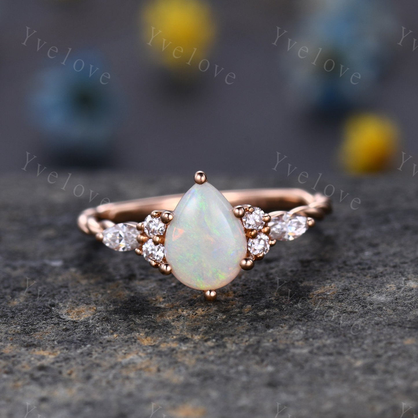 Natural Opal Engagement Ring rose gold,Pear shaped ring,Prong set Moissanite Diamond ring,Twisted Ring women,Anniversary promise ring