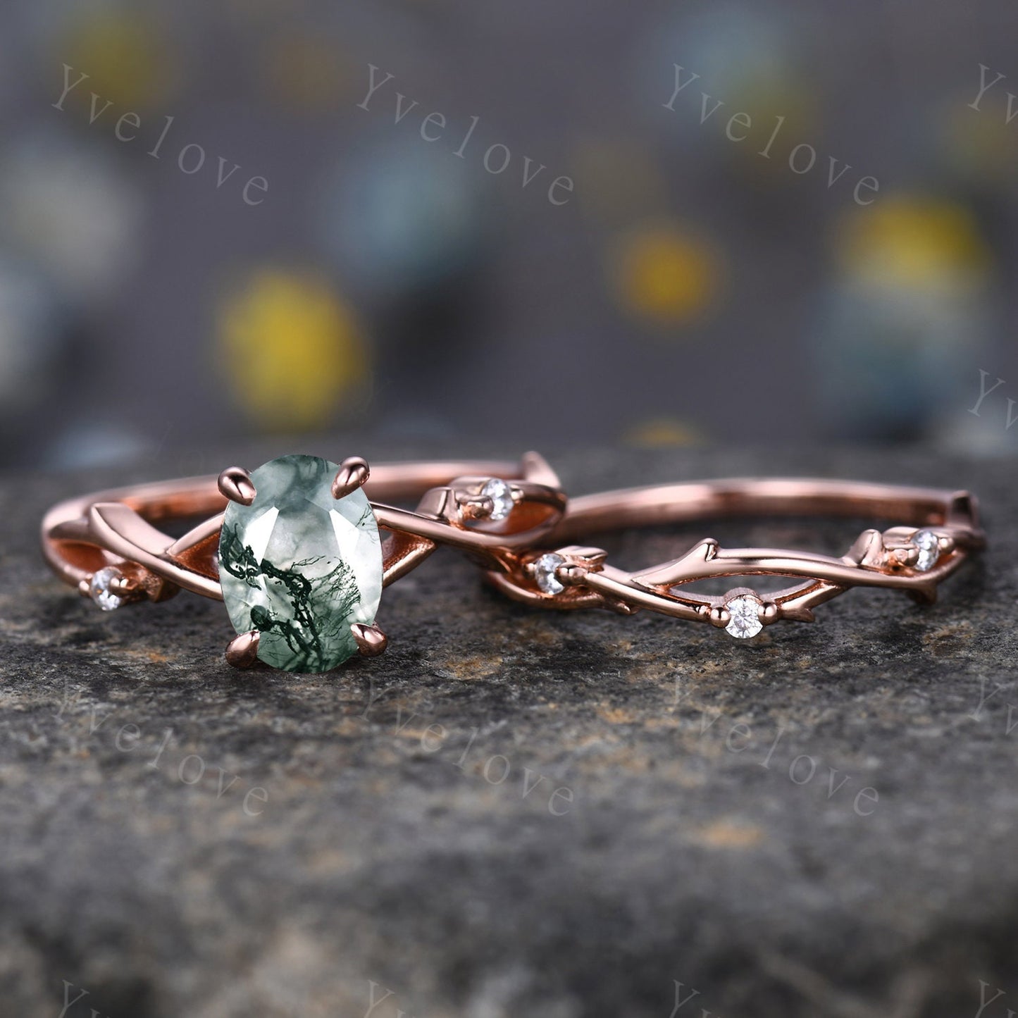 Twig Moss Agate Engagement Ring Set,Oval Vintage Leaf Diamond Ring,White Gold Branch Ring,Twisted Ring Promise Bridal Set,Dainty Ring Set