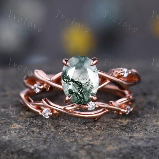 Twig Moss Agate Engagement Ring Set,Oval Vintage Leaf Diamond Ring,Branch Ring Rose Gold,Twisted Ring Promise Bridal Set,Dainty Ring Set