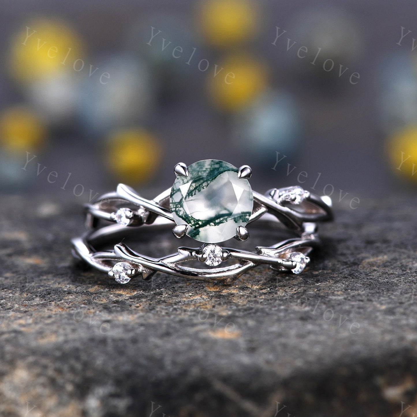 Unique Twig Moss Agate Engagement Ring Set,Vintage Leaf Diamond Ring Set,Branch Ring,White Gold,Twisted Ring Promise Bridal Set,Green Agate