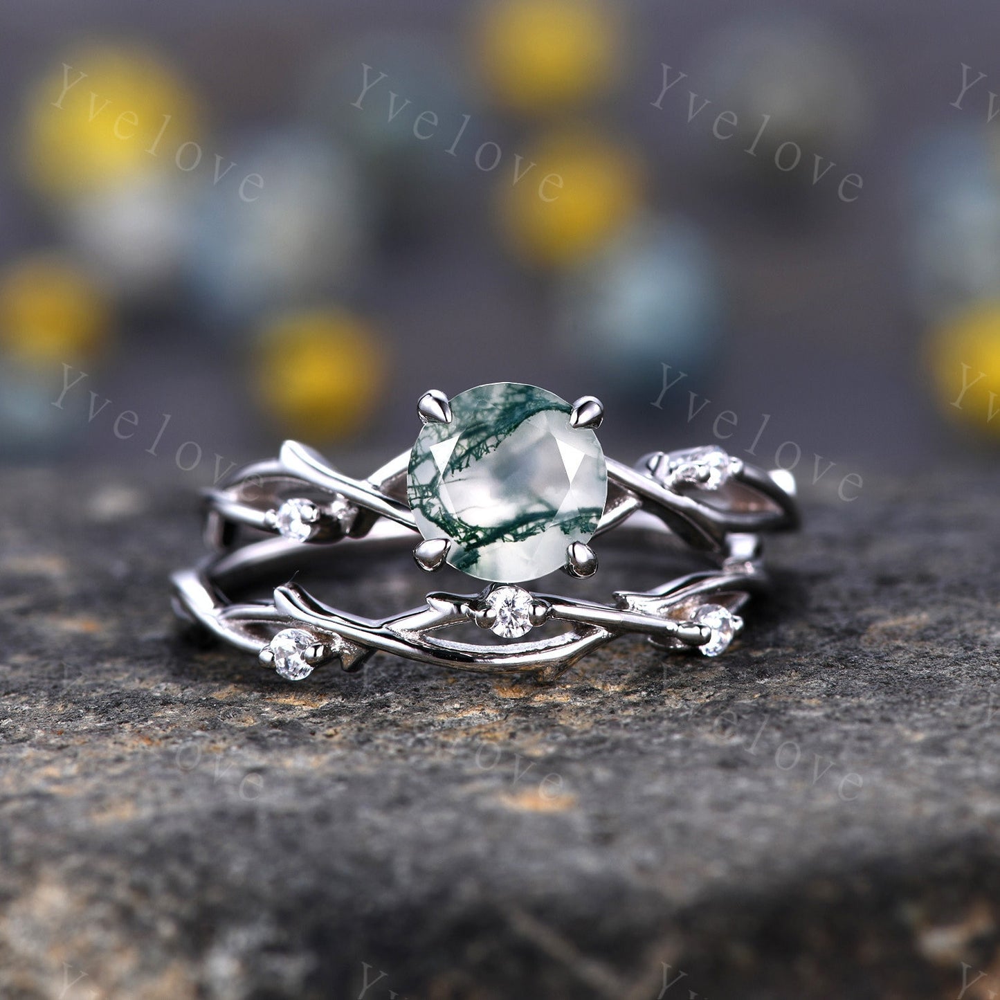 Unique Moss Agate Engagement Ring Set,Vintage Diamond Ring Set,Branch Ring,Sterling Sliver,Twisted Ring Promise Bridal Set,Green Agate Ring