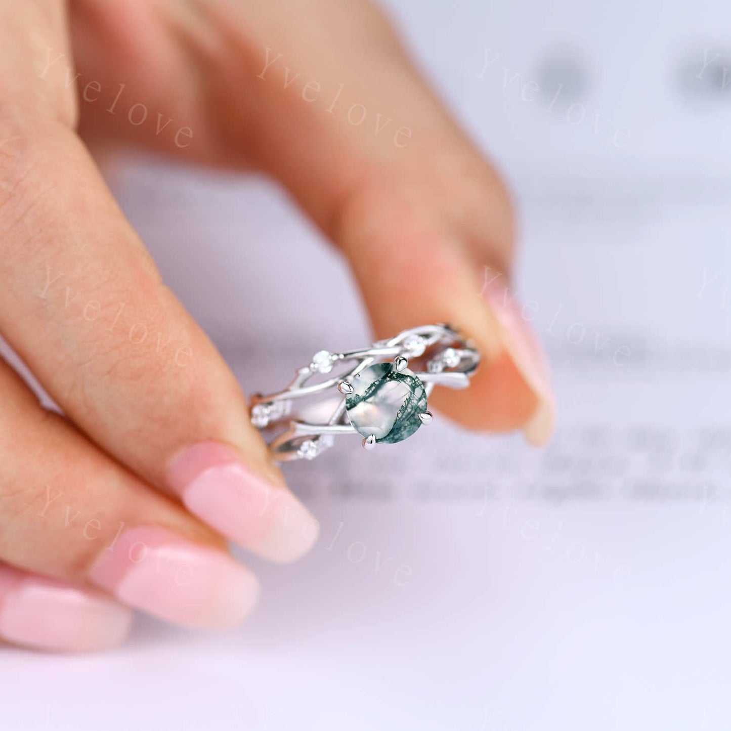 Unique Twig Moss Agate Engagement Ring Set,Vintage Leaf Diamond Ring Set,Branch Ring,White Gold,Twisted Ring Promise Bridal Set,Green Agate