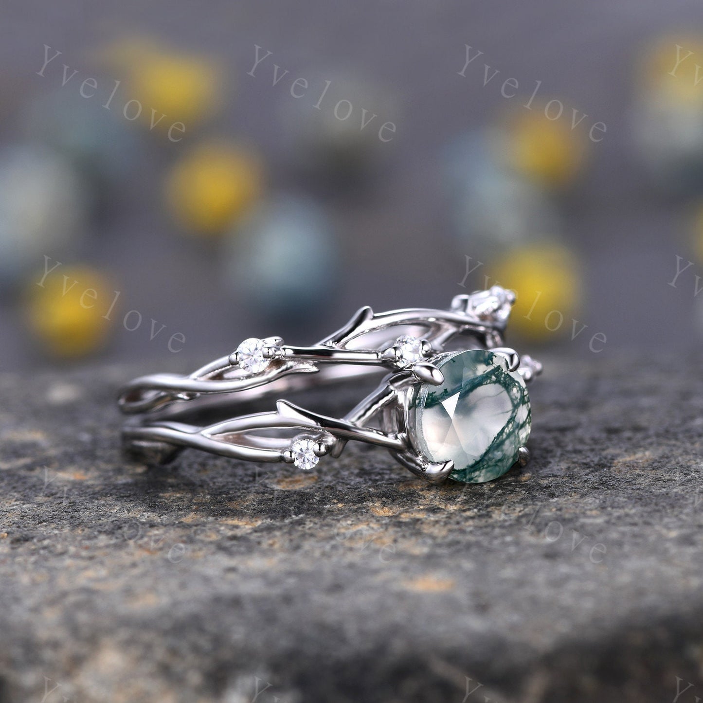 Unique Twig Moss Agate Engagement Ring Set,Vintage Leaf Diamond Ring Set,Branch Ring,White Gold,Twisted Ring Promise Bridal Set,Green Agate
