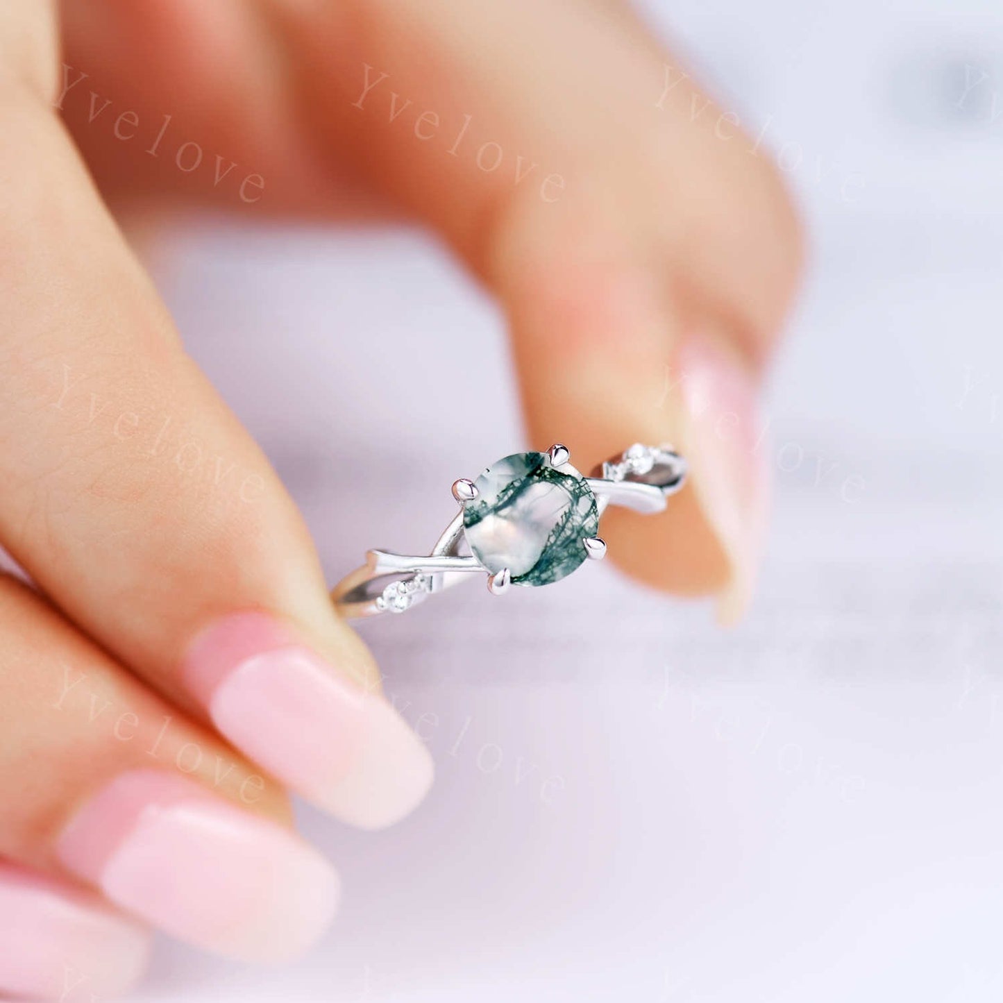Unique Twig Moss Agate Engagement Ring Set,Vintage Leaf Diamond Ring Set,Branch Ring,White Gold,Twisted Ring Promise Bridal Set,Green Agate