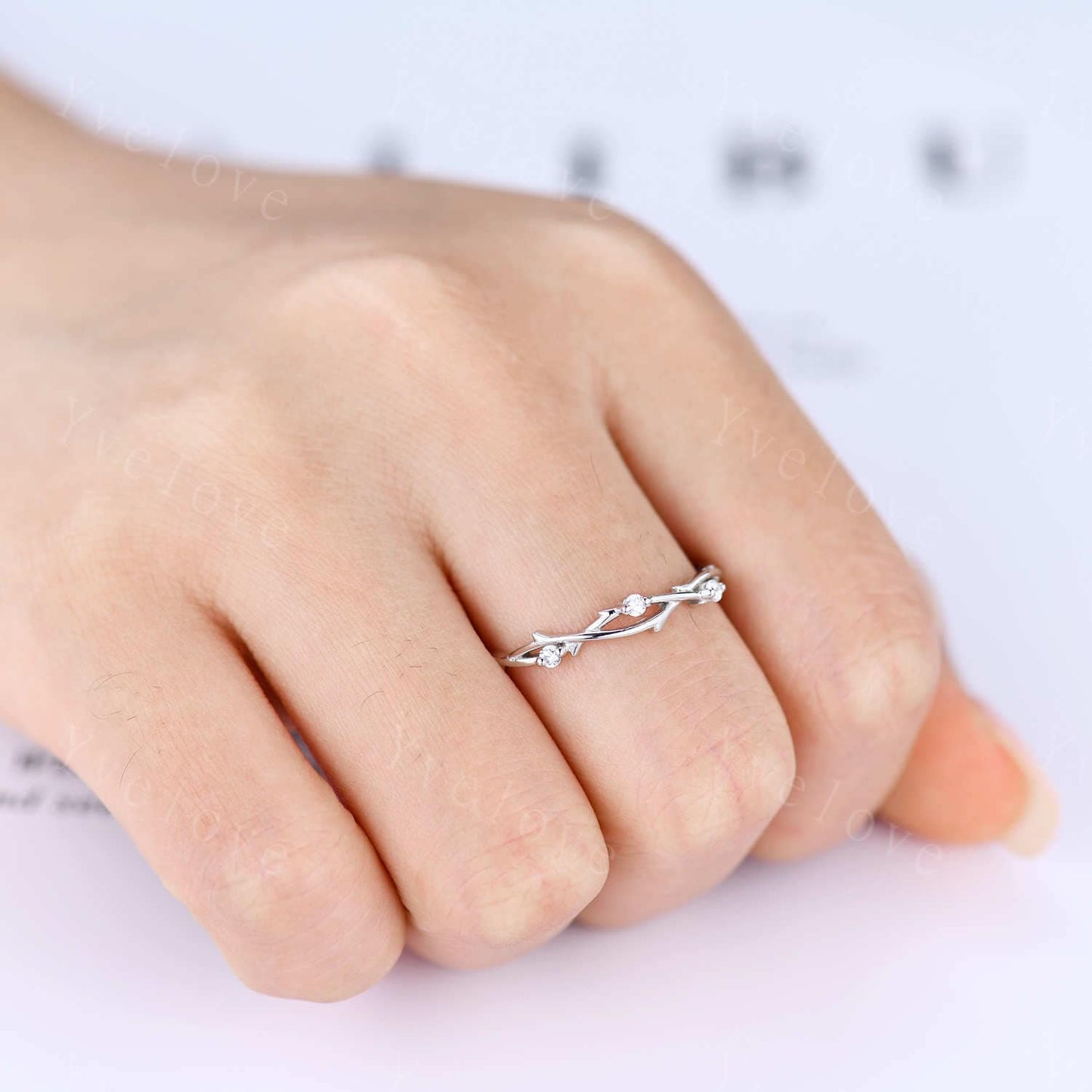 Dainty Twig Engagement Ring,Twig Matching Band,Leaf Band With Diamond,Twig Branch Diamond Wedding Band,14k White Gold,Twisted Stacking Band