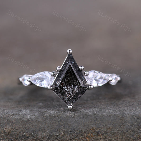 Vintage black rutilated quartz engagement ring rose gold kite cut ring art deco ring for women unique pear diamond bridal promise ring