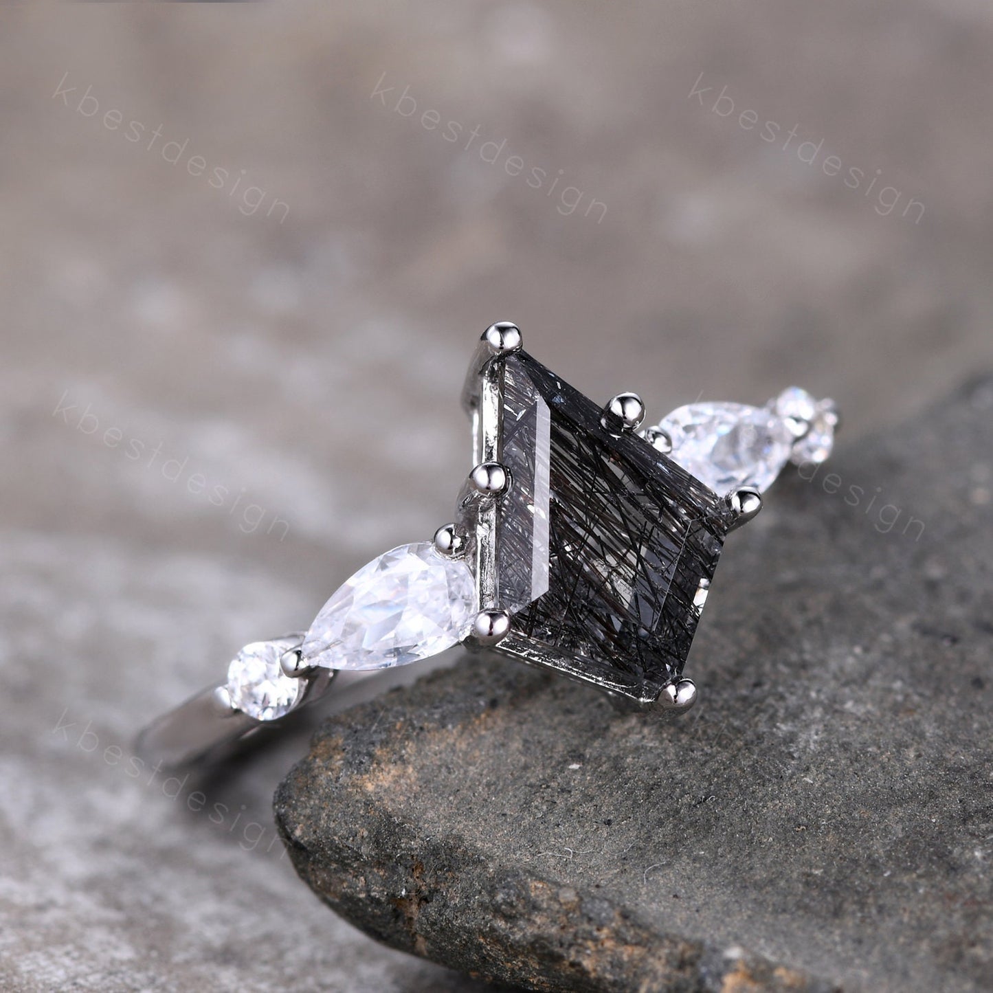 Vintage black rutilated quartz engagement ring rose gold kite cut ring art deco ring for women unique pear diamond bridal promise ring