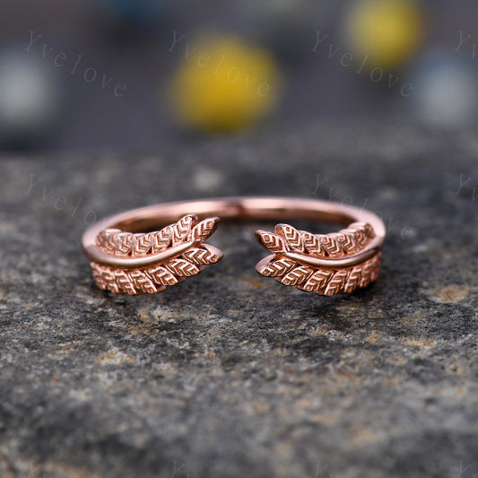 Vintage Leaf Engagement Ring Open Ring Feather Wedding Band 14K Solid Gold Minimalist Stacking Matching Ring Wedding Gift For Her Customized