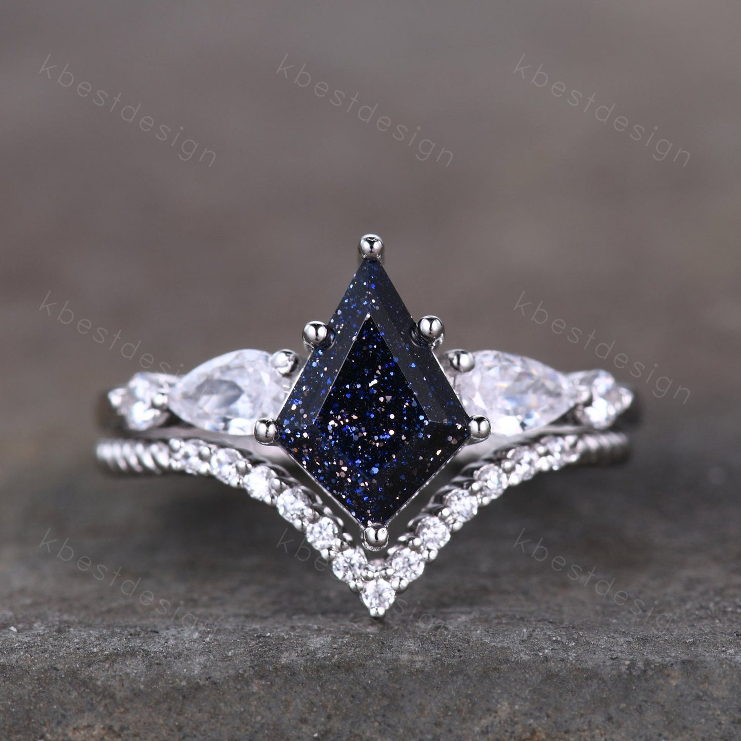 Vintage Kite Cut Blue Sandstone Engagement Ring Set Sterling Silver Ring Unique Pear Shaped Diamond Wedding Bridal Ring Promise Anniversary