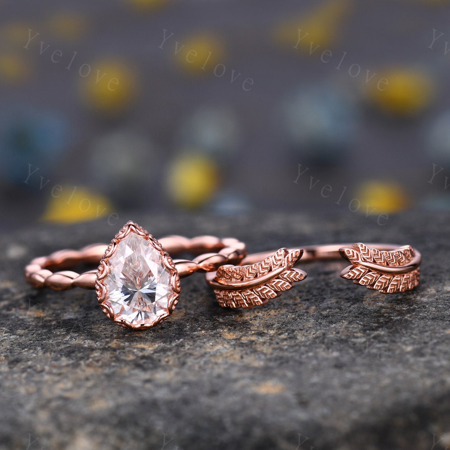 Vintage Pear Cut Moissanite Engagement Ring Set Unique Leaf Twisted Design Ring Art Deco 14K Rose Gold Oval Moissanite Bridal Set Customized