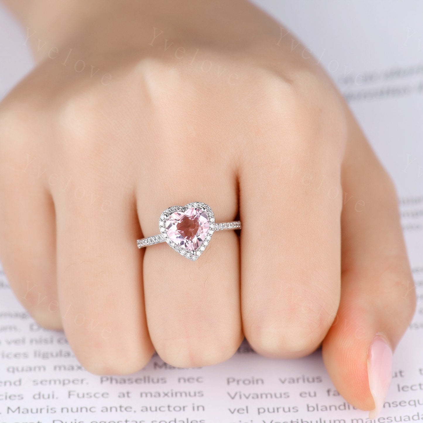 Morganite engagement ring pink morganite ring 8mm heart shape natural gemstone ring diamond ring diamond wedding band solid 14k rose gold