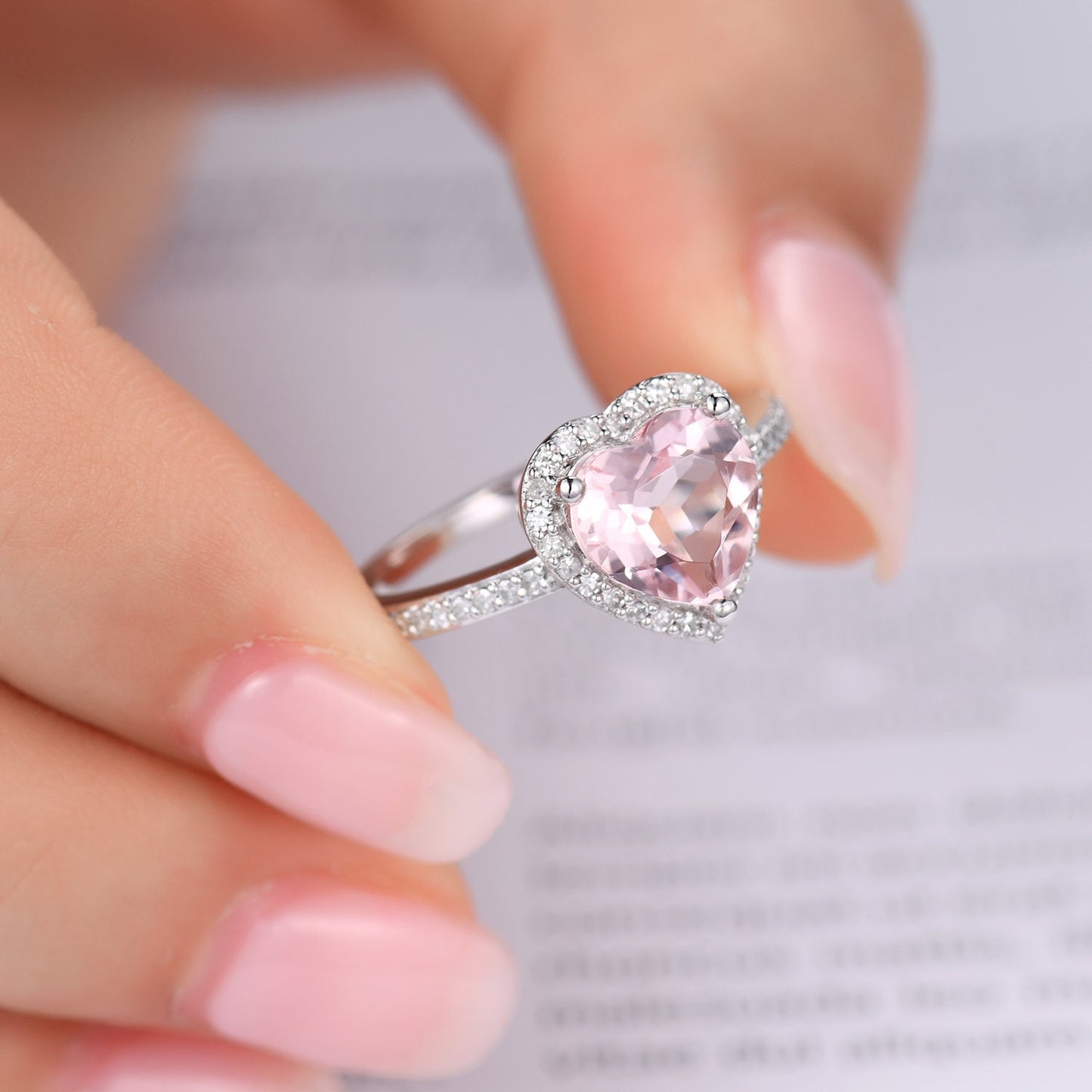 Morganite engagement ring pink morganite ring 8mm heart shape natural gemstone ring diamond ring diamond wedding band solid 14k rose gold