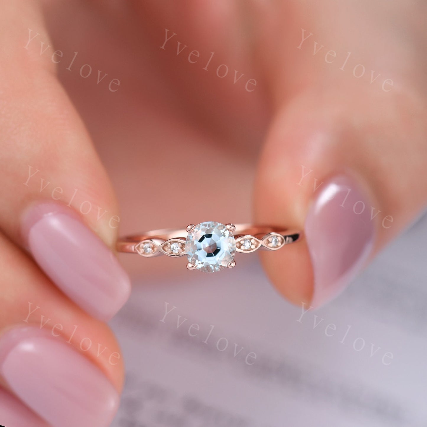 Danity blue topaz engagement ring 5mm round cut topaz 14k/18k rose gold art deco diamond wedding band bridal promise ring gift for her