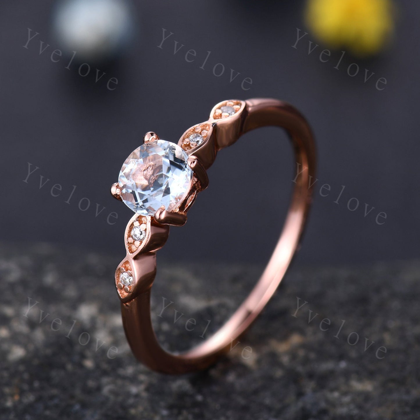 Danity aquamarine engagement ring 5mm round cut aquamarine 14k solid gold art deco diamond wedding band bridal ring March birthstone gift
