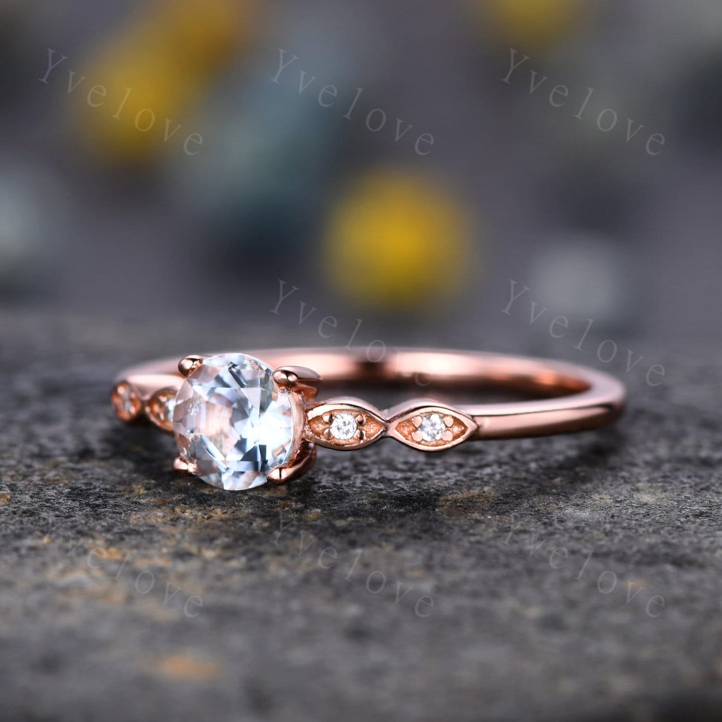Danity aquamarine engagement ring 5mm round cut aquamarine 14k solid gold art deco diamond wedding band bridal ring March birthstone gift