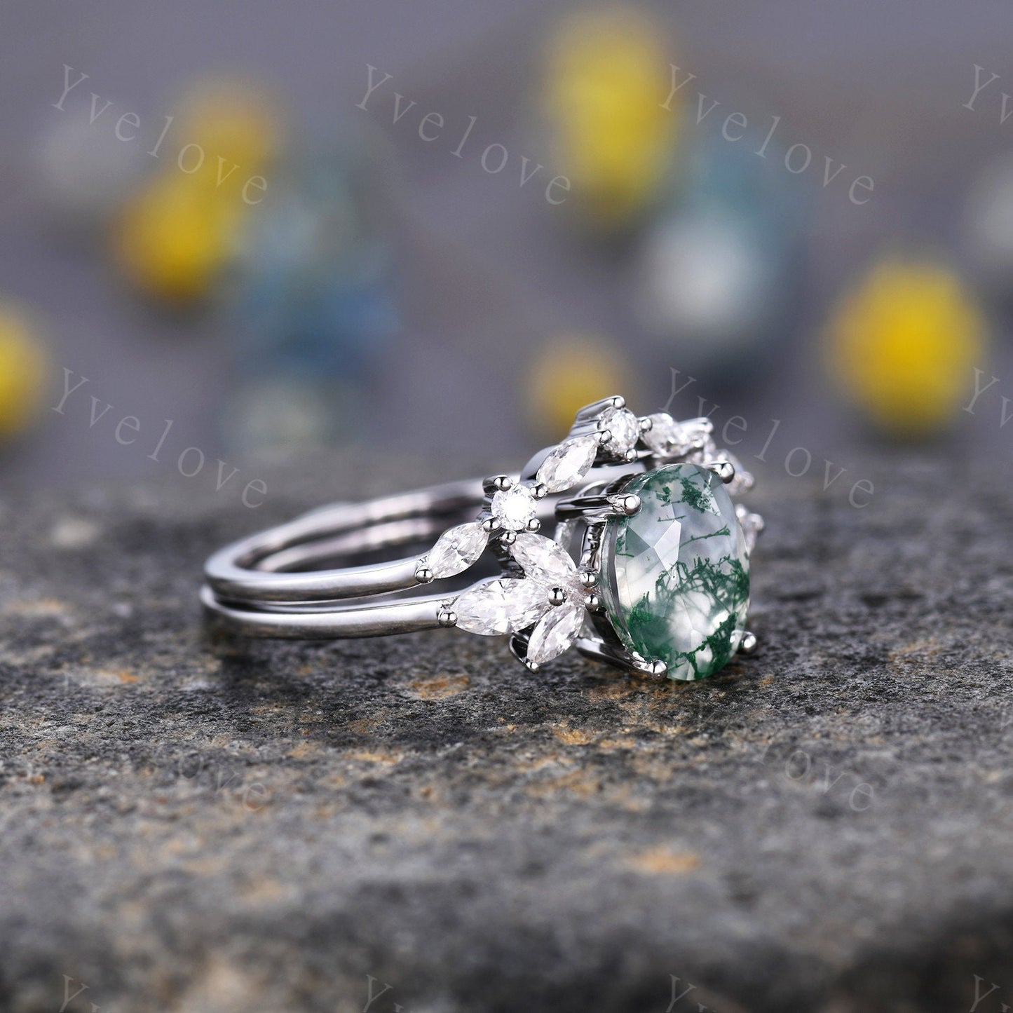 Moss Agate Engagement Ring Set Women Stacking Matching Band White Gold Moissanite Eternity Ring Unique Vintage Floral Design Promise Gift