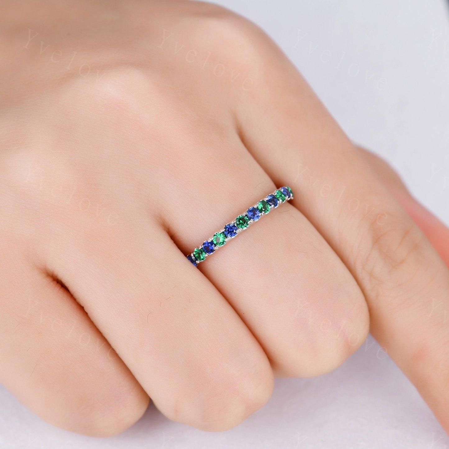 Emerald Sapphire wedding band half eternity art deco emerald ring 14k white gold gemstone promise bridal matching band May birthstone custom