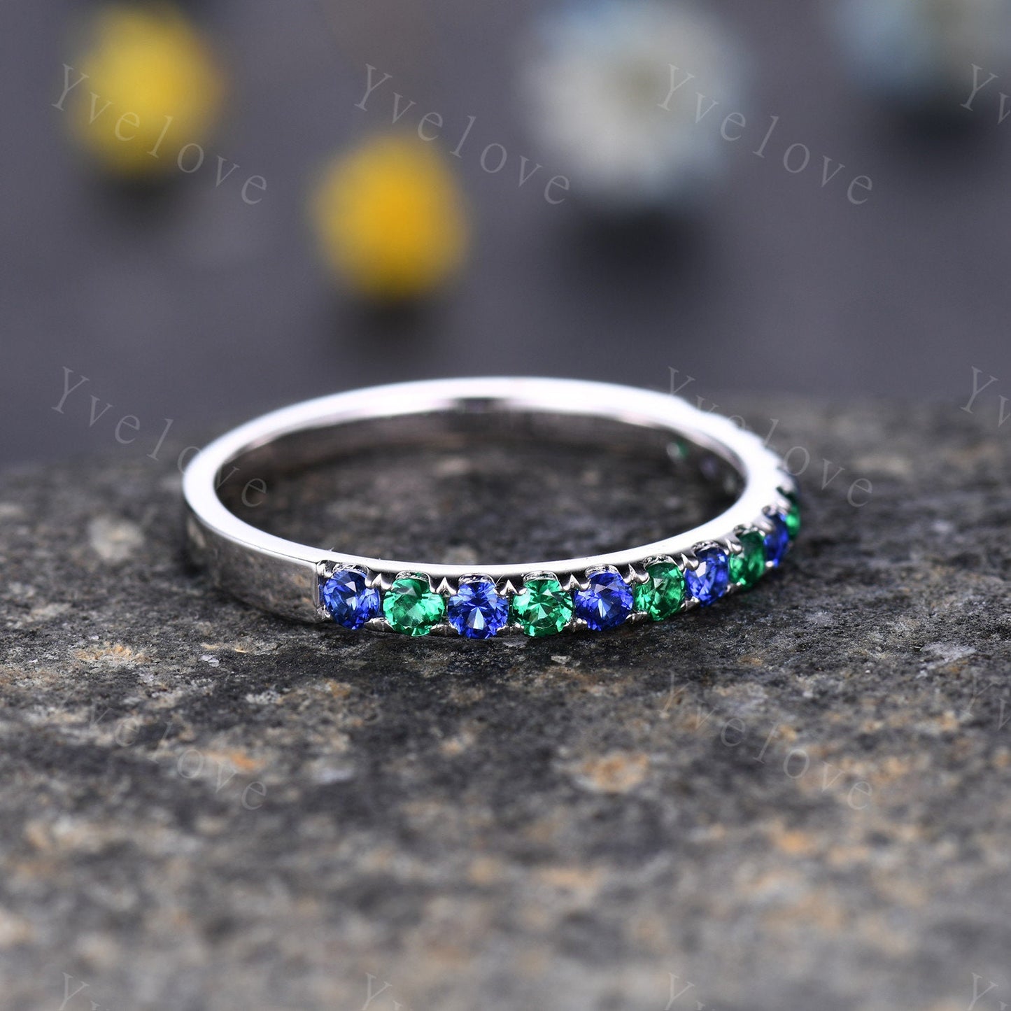 Emerald Sapphire wedding band half eternity art deco emerald ring 14k white gold gemstone promise bridal matching band May birthstone custom