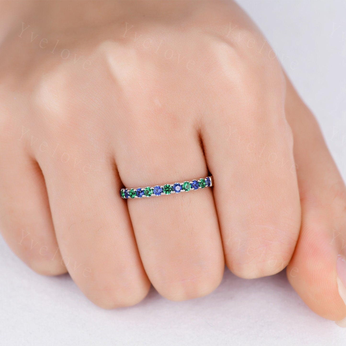 Emerald Sapphire wedding band half eternity art deco emerald ring 14k white gold gemstone promise bridal matching band May birthstone custom
