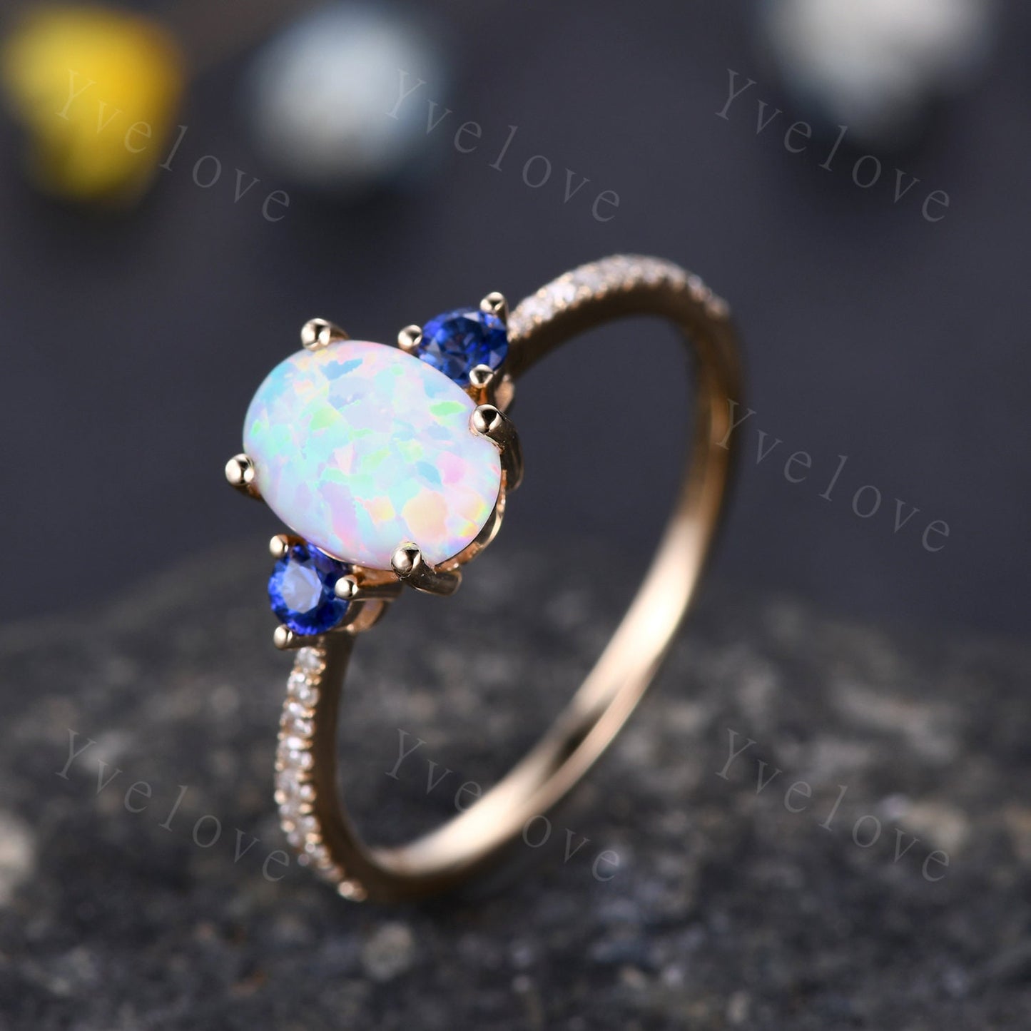 Danity Opal Engagement Ring Set Blue Sapphire Diamond Matching Band Women Bridal Wedding Ring Set Yellow Gold Anniversary Promise Jewelry