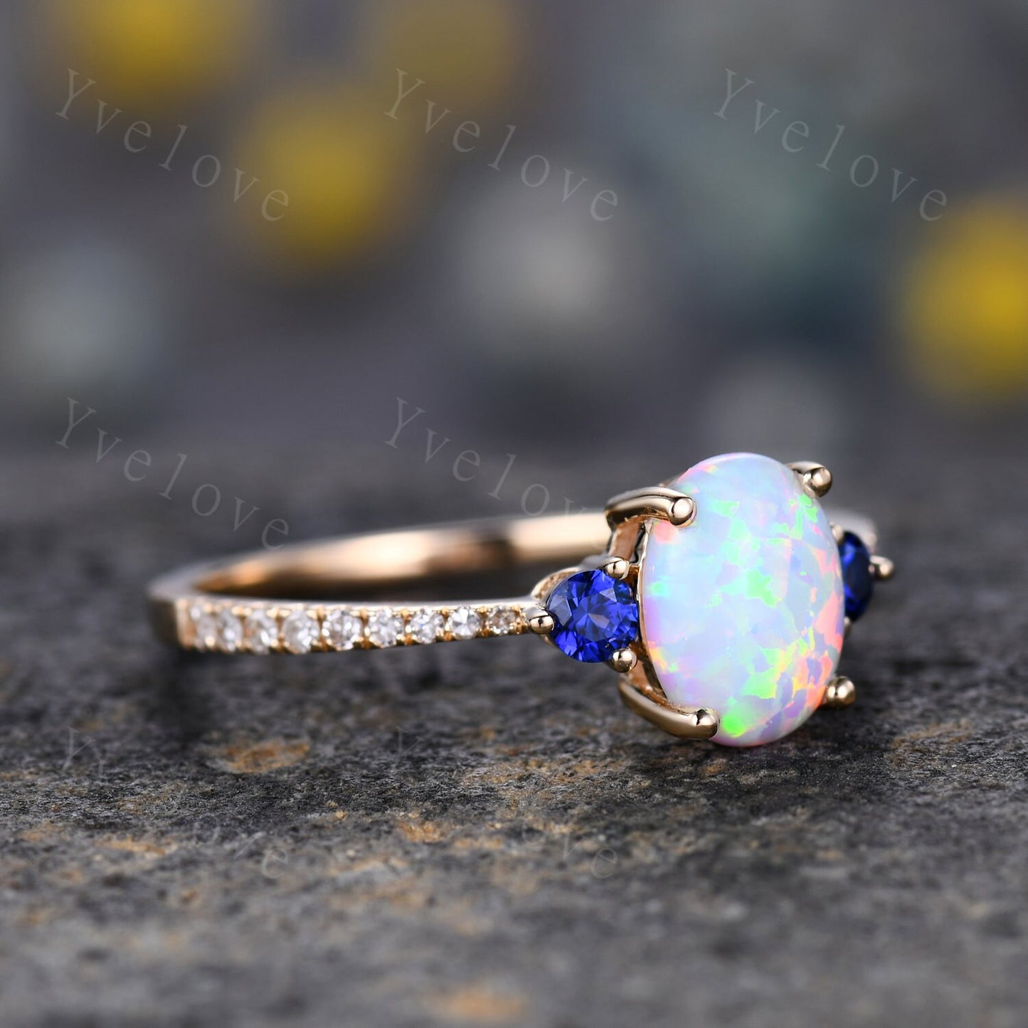 Danity Opal Engagement Ring Set Blue Sapphire Diamond Matching Band Women Bridal Wedding Ring Set Yellow Gold Anniversary Promise Jewelry