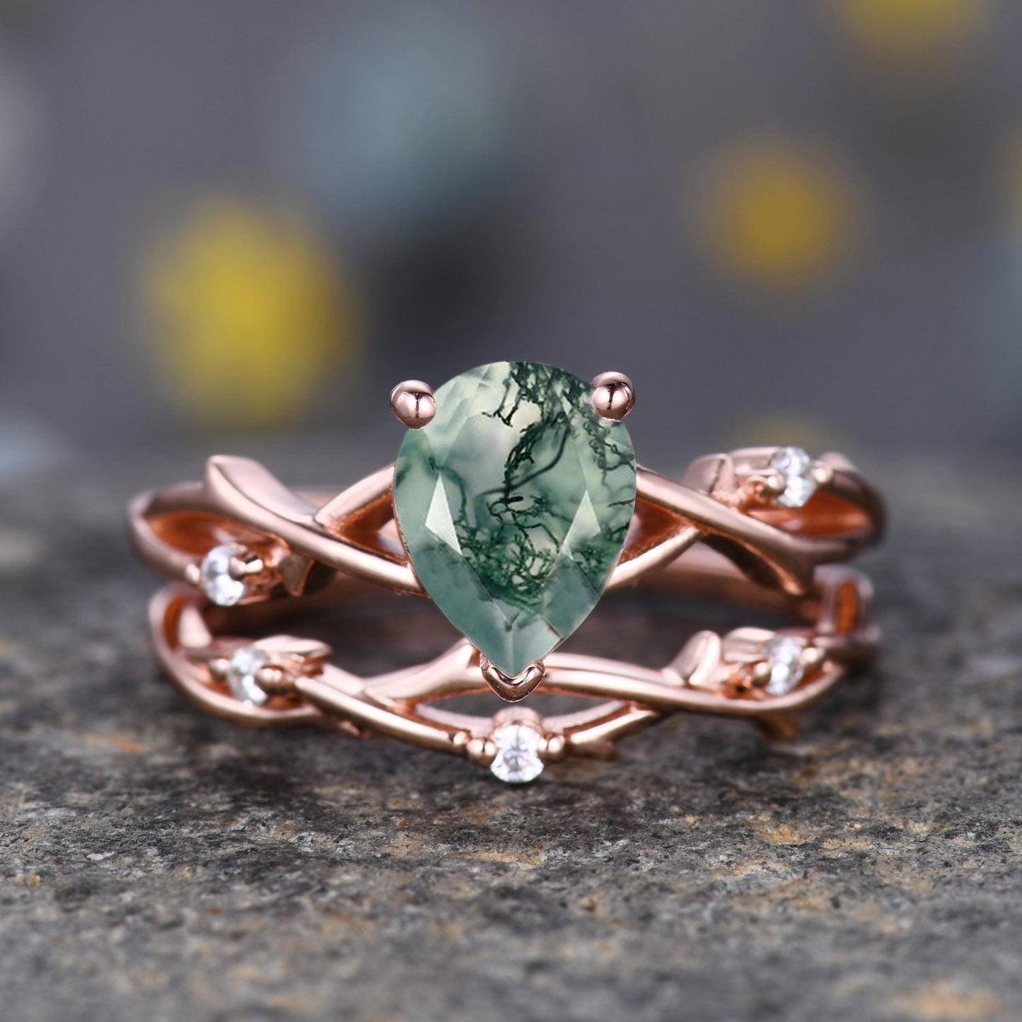 Danity Twig Moss agate Engagement Ring,Unique Pear Shaped Diamond Ring,Branch Vine Ring,Rose Gold Ring,Twisted Ring,Bridal Anniverary Ring