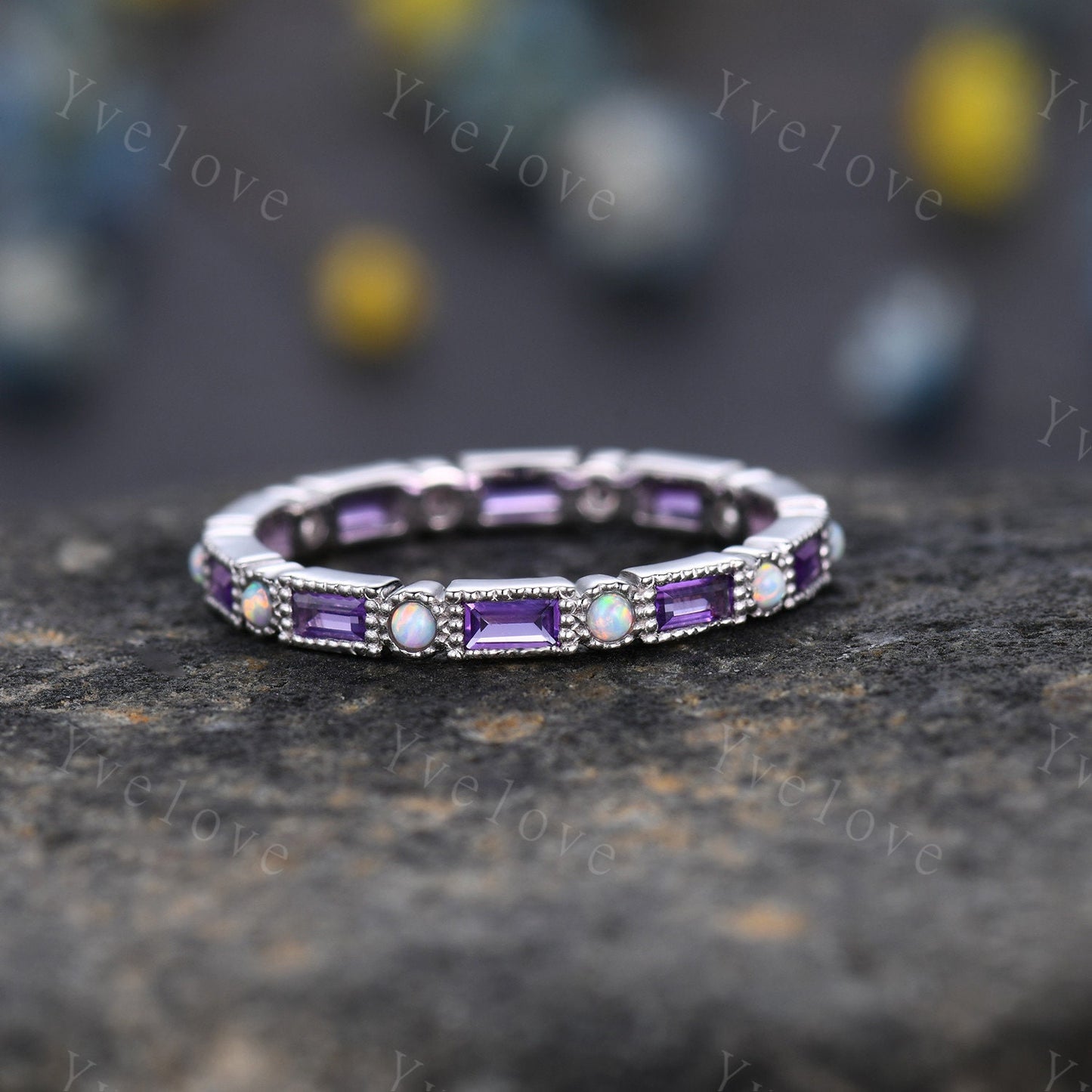 Amethyst Opal Engagement Ring,Full Eternity Baguette Amethyst Opal Ring,Stacking Opal Band, Two Birthstone Ring,Family Ring Valentine's Gift