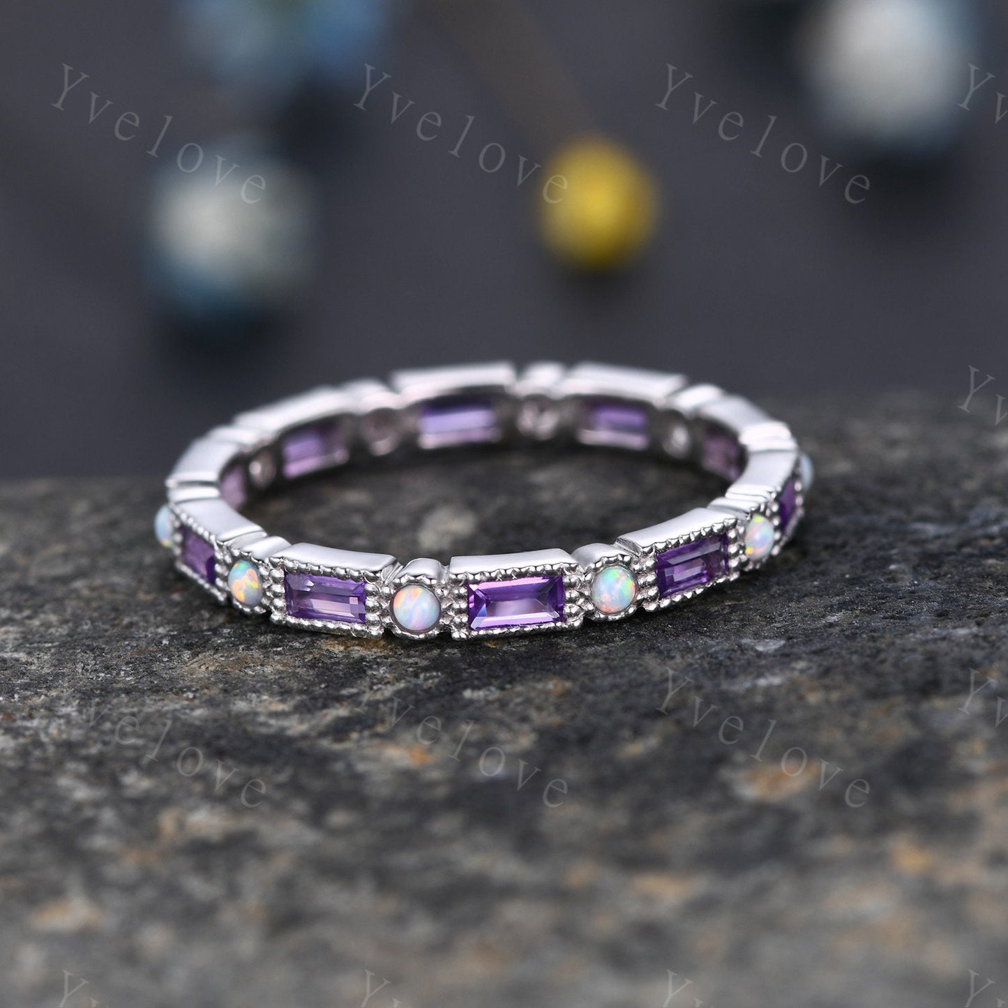 Amethyst Opal Engagement Ring,Full Eternity Baguette Amethyst Opal Ring,Stacking Opal Band, Two Birthstone Ring,Family Ring Valentine's Gift