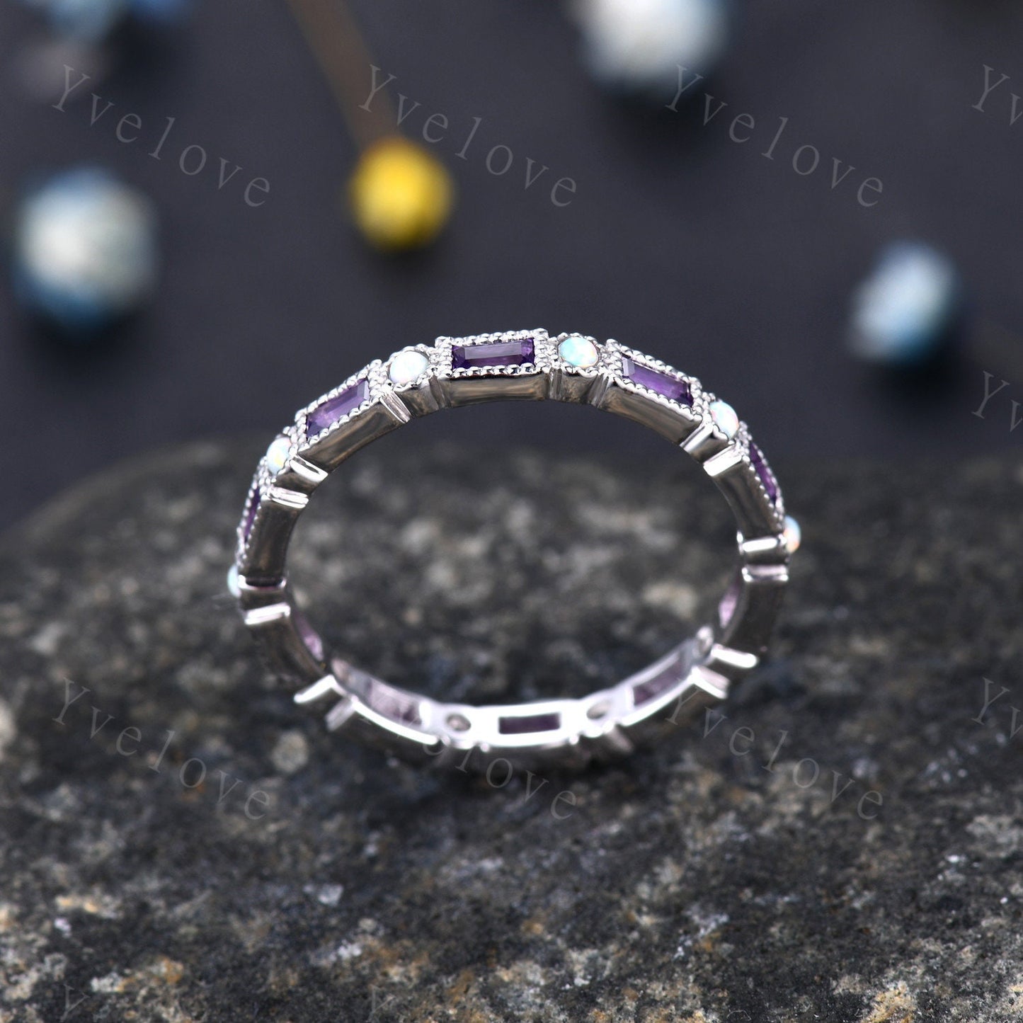 Amethyst Opal Engagement Ring,Full Eternity Baguette Amethyst Opal Ring,Stacking Opal Band, Two Birthstone Ring,Family Ring Valentine's Gift