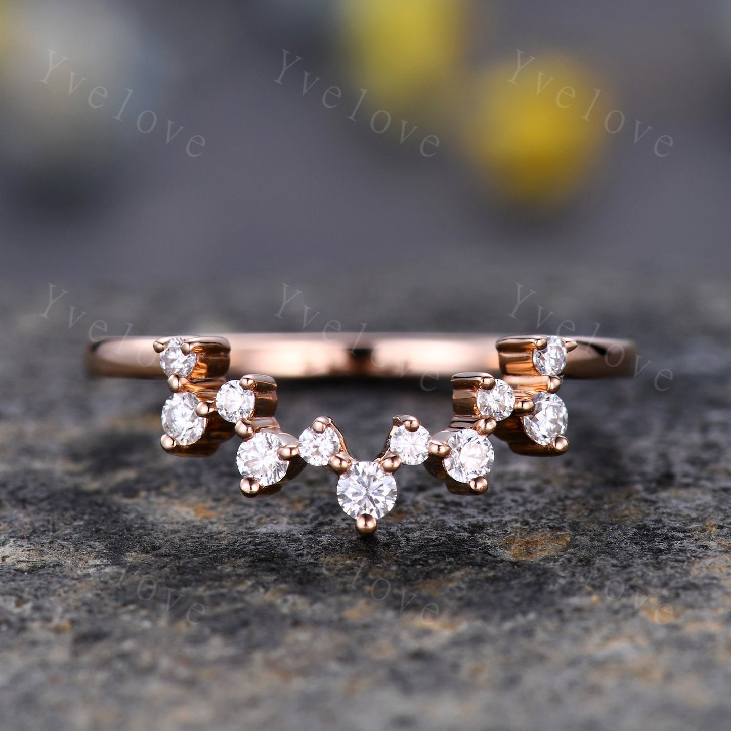 Moissanite Wedding Band Curved Wedding Band Sterling Silver  Dainty Curved Stacking Band Unique Wedding Ring Chevron Ring Anniversary Band