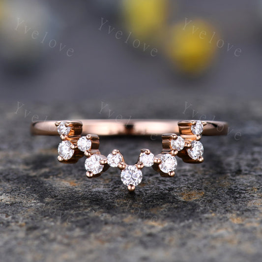 Moissanite Wedding Band Curved Wedding Band Sterling Silver  Dainty Curved Stacking Band Unique Wedding Ring Chevron Ring Anniversary Band