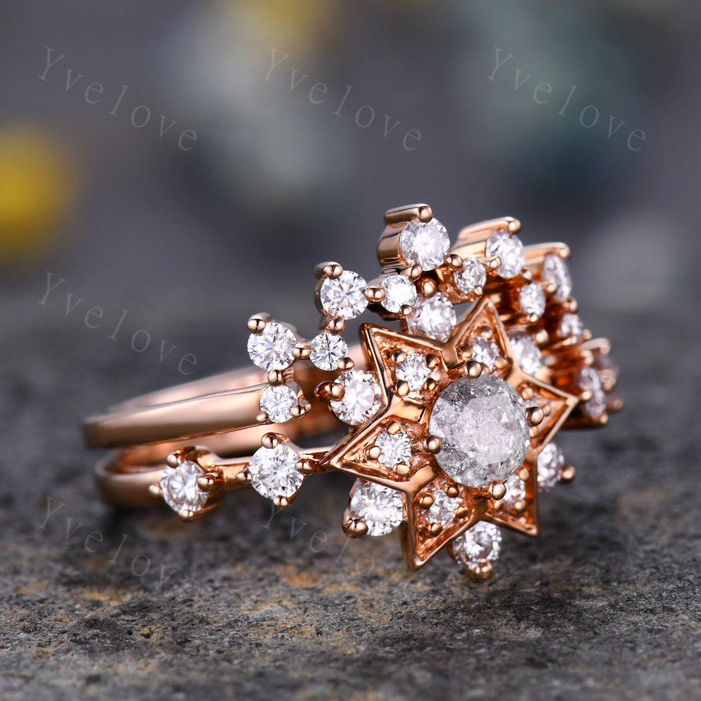 Starry Ring Set,Salt and Pepper Diamond Engagement Ring,Romantic Bridal Promise Rings,Grey Diamond Ring,Moissanite Ring Set,Statement Ring