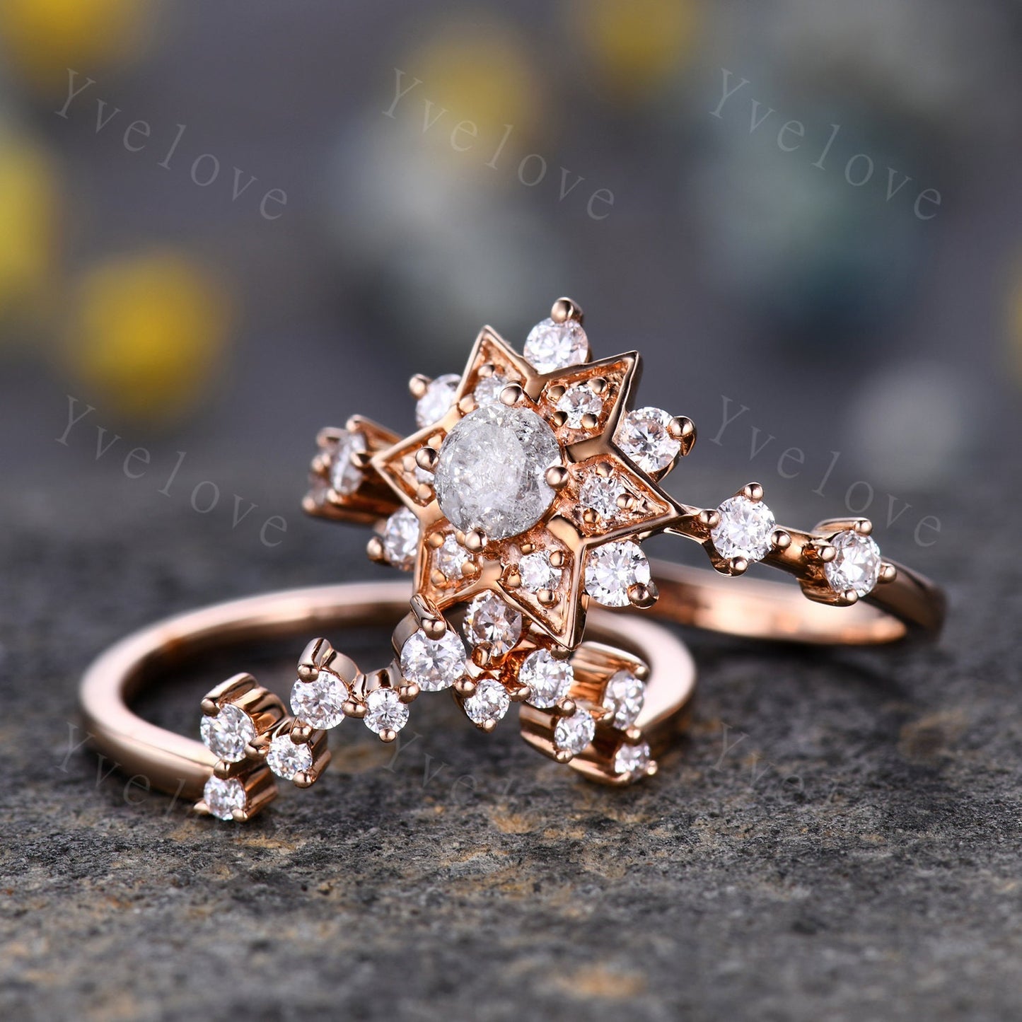 Starry Ring Set,Salt and Pepper Diamond Engagement Ring,Romantic Bridal Promise Rings,Grey Diamond Ring,Moissanite Ring Set,Statement Ring