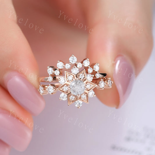 Starry Ring Set,Salt and Pepper Diamond Engagement Ring,Romantic Bridal Promise Rings,Grey Diamond Ring,Moissanite Ring Set,Statement Ring