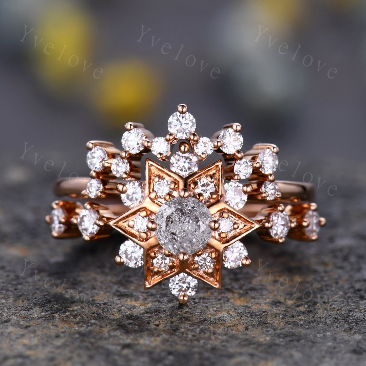 Starry Ring Set,Salt and Pepper Diamond Engagement Ring,Romantic Bridal Promise Rings,Grey Diamond Ring,Moissanite Ring Set,Statement Ring