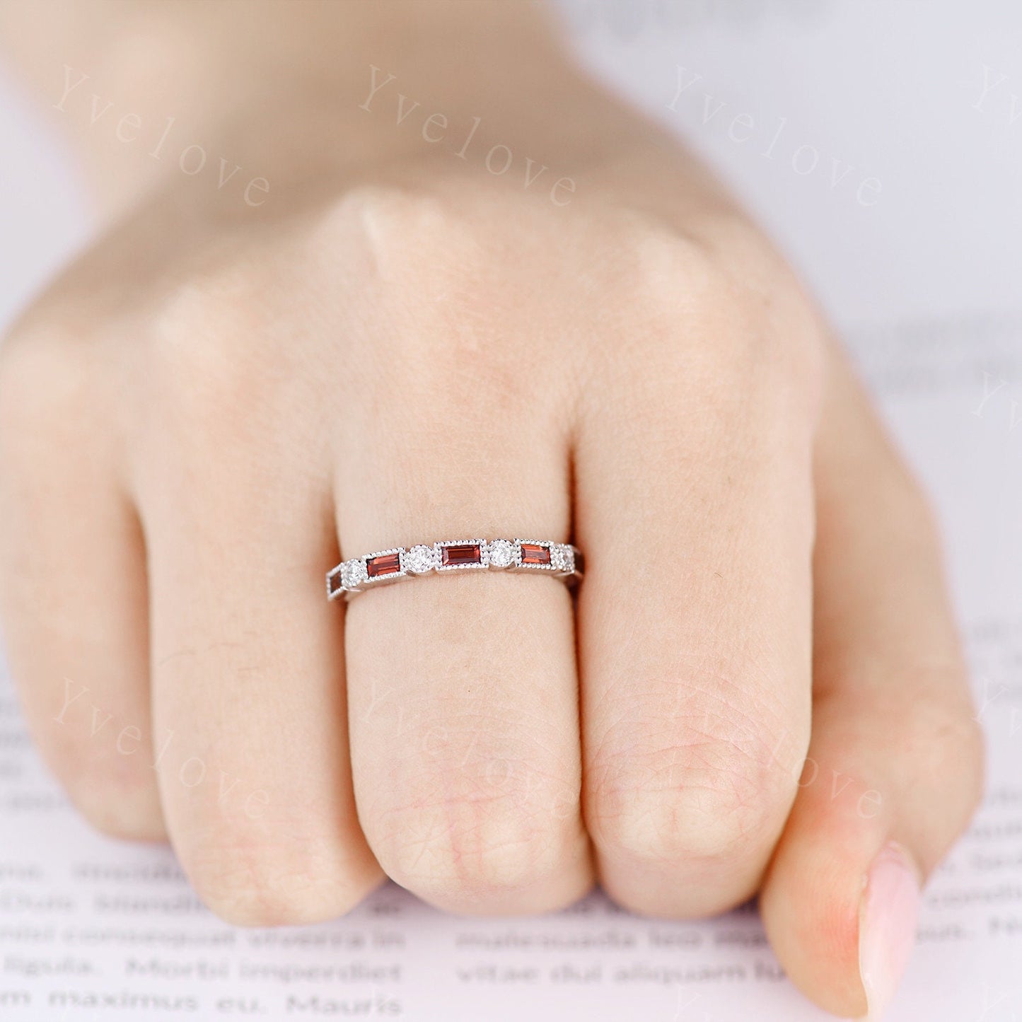 Half eternity garnet diamond wedding band baguette cut garnet natural diamond engagemnt band January birthstone gift for her sterling silver