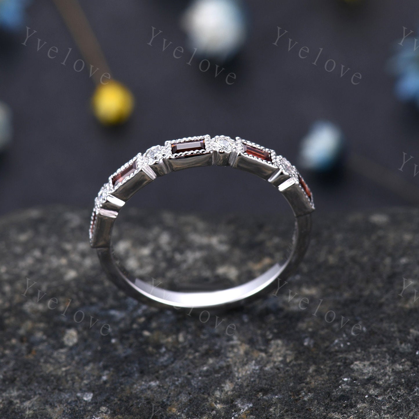 Half eternity garnet diamond wedding band baguette cut garnet natural diamond engagemnt band January birthstone gift for her sterling silver