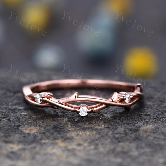 Minimalist Twig Engagement Ring,Twig Matching Band,Women Leaf Diamond Band ,Art Deco Branch Diamond Wedding Band,14k Rose Gold,Twisted Band
