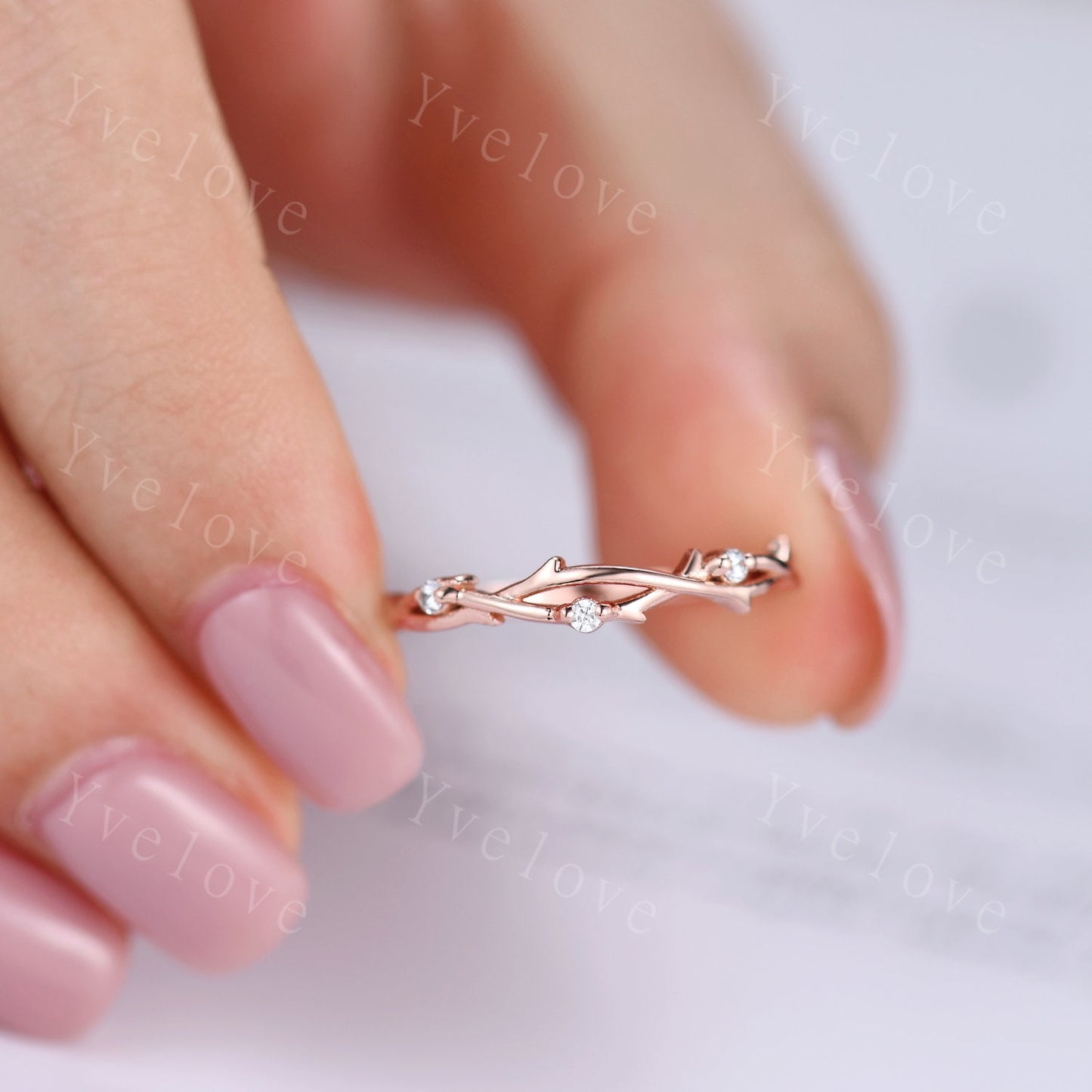 Minimalist Twig Engagement Ring,Twig Matching Band,Women Leaf Diamond Band ,Art Deco Branch Diamond Wedding Band,14k Rose Gold,Twisted Band
