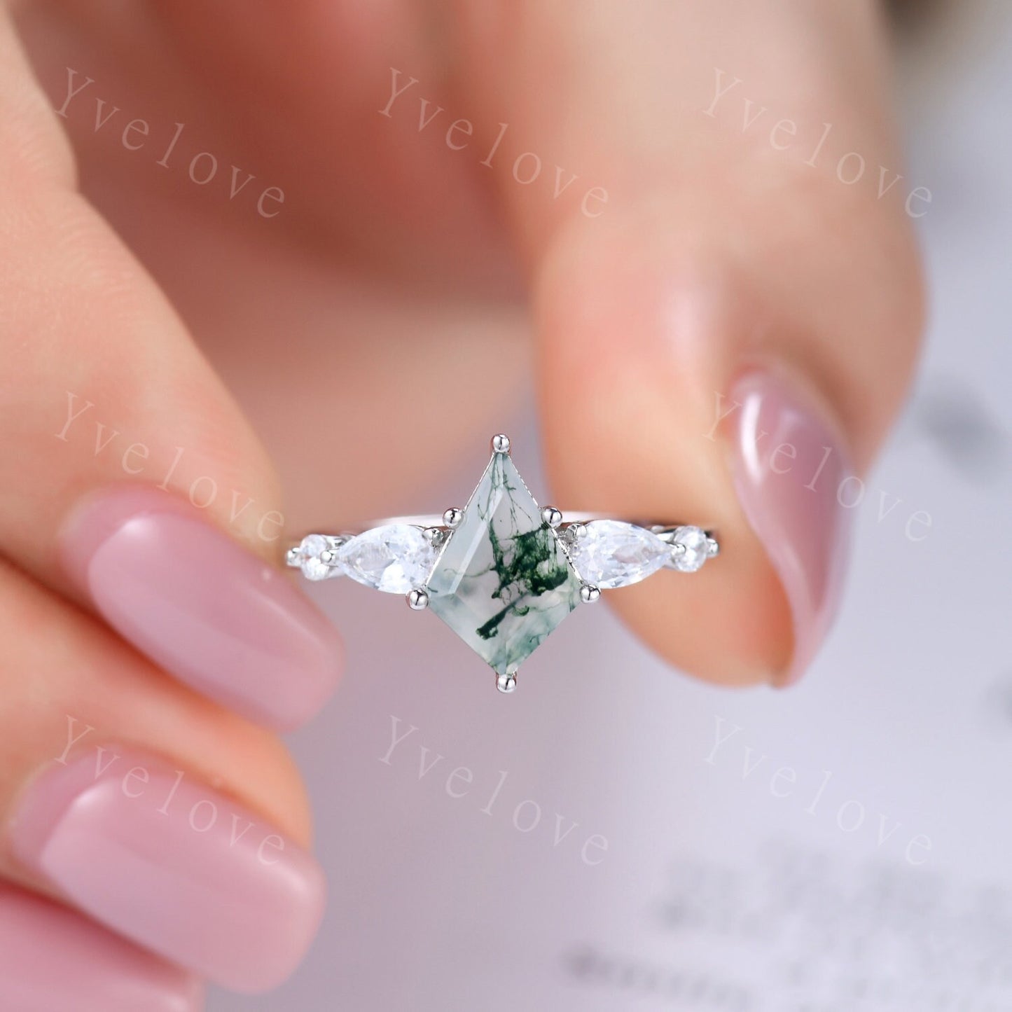 Vintage Kite Cut Green Moss Agate Ring,Sterling Silver Ring,Agate Engagement Ring,Promise Ring,Green Gemstone,Anniversary Ring Gift For Her