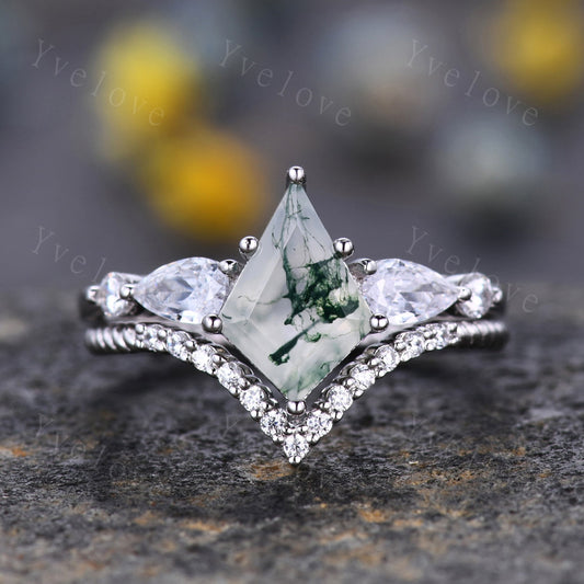 Retro Kite Green Moss Agate Ring,Sterling Silver Ring Set,Agate Engagement Ring,Promise Ring,Green Gemstone,Anniversary Ring Gift For Her