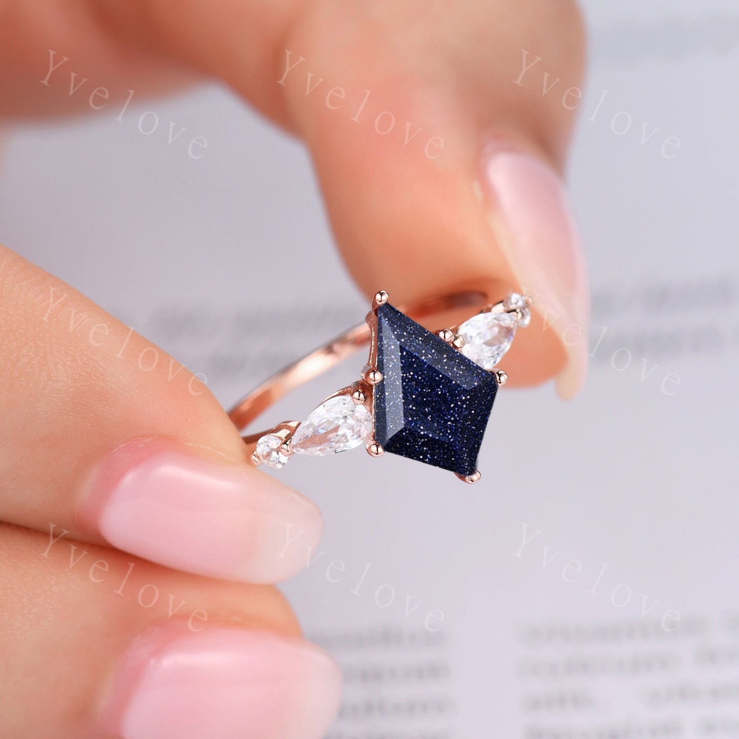 Vintage Kite Cut Sandstone Engagement Ring Set,Unique Bridal Ring Set,Twist Moissanite wedding Band,Rose Gold Galaxy Anniversary Ring Gift