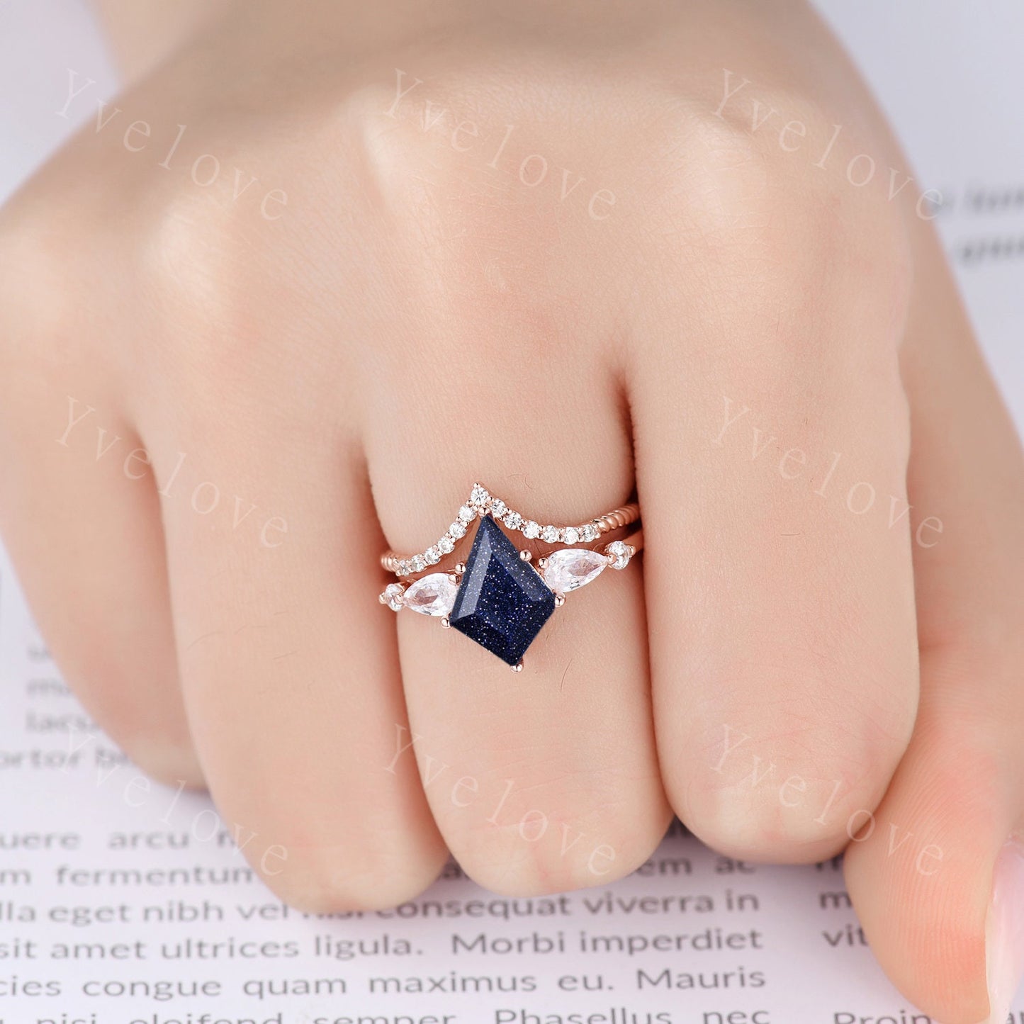 Vintage Kite Cut Sandstone Engagement Ring Set,Unique Bridal Ring Set,Twist Moissanite wedding Band,Rose Gold Galaxy Anniversary Ring Gift