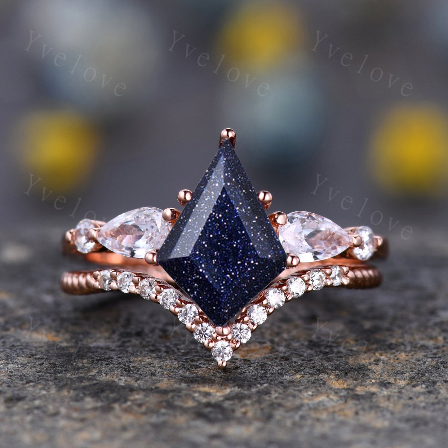 Vintage Kite Cut Sandstone Engagement Ring Set,Unique Bridal Ring Set,Twist Moissanite wedding Band,Rose Gold Galaxy Anniversary Ring Gift