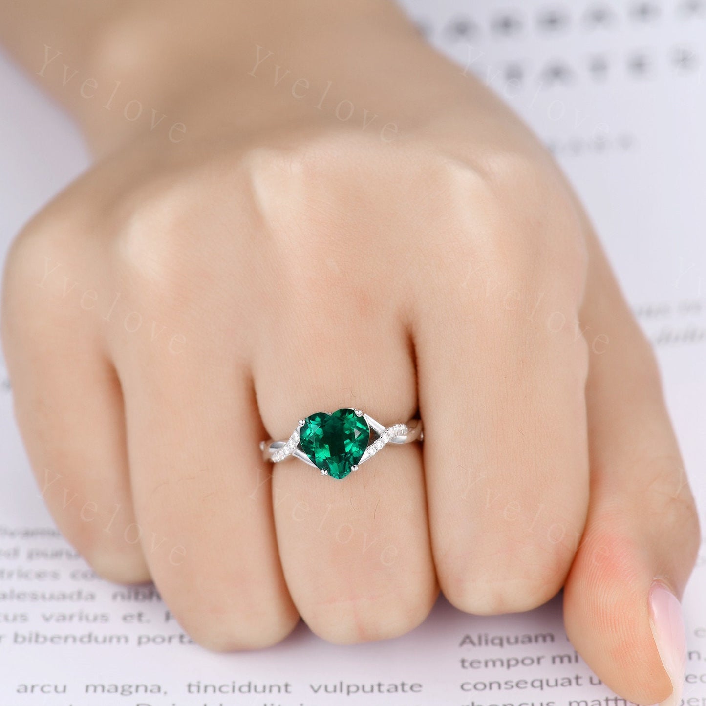Heart shaped Emerald engagement ring,Twist diamond wedding ring,Infinity wedding band,14k white gold,Crossover band,Bridal Valentine's ring