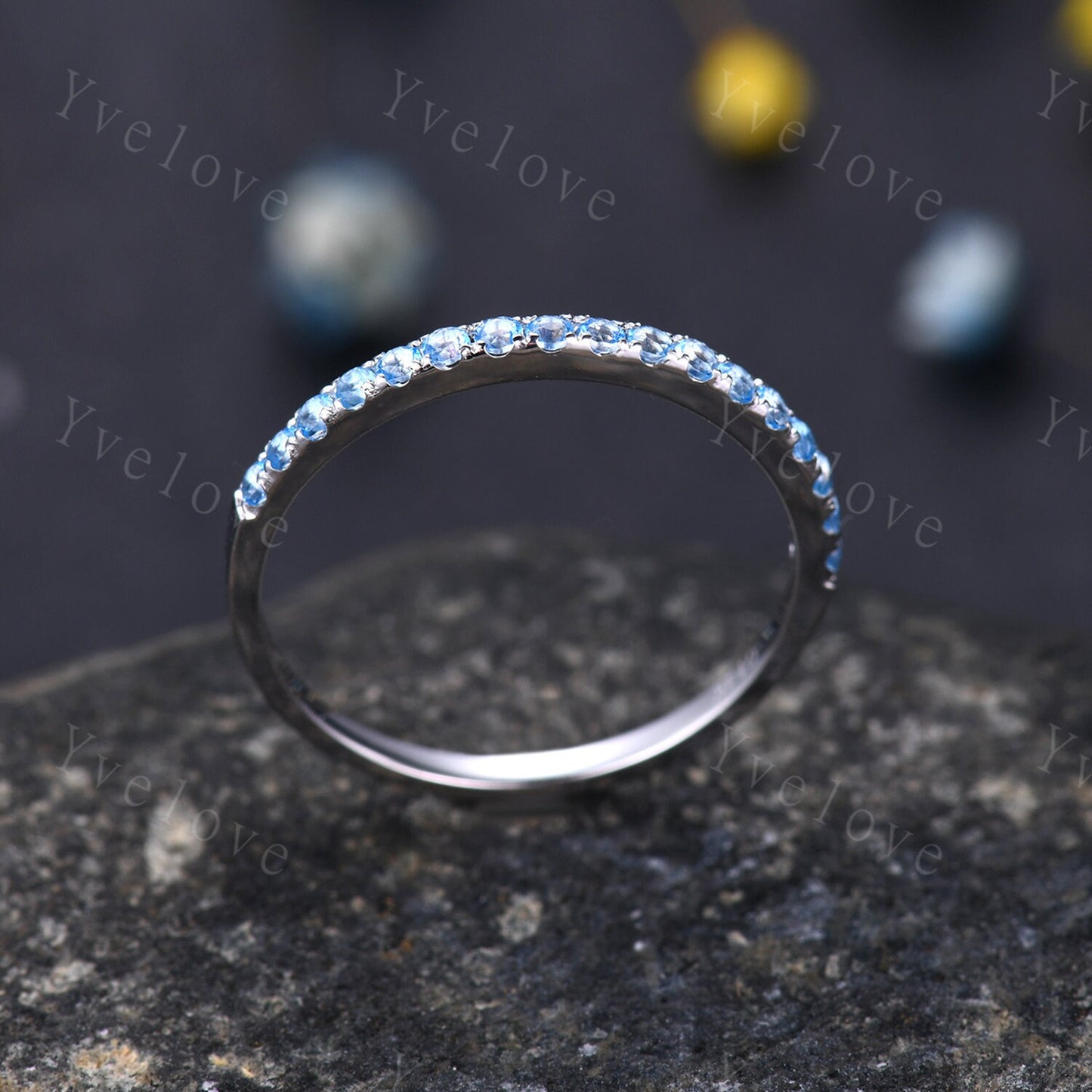 Swiss blue topaz wedding ring 14k white gold wedding band half eternity blue topaz matching band stacking ring anniversary gift for women