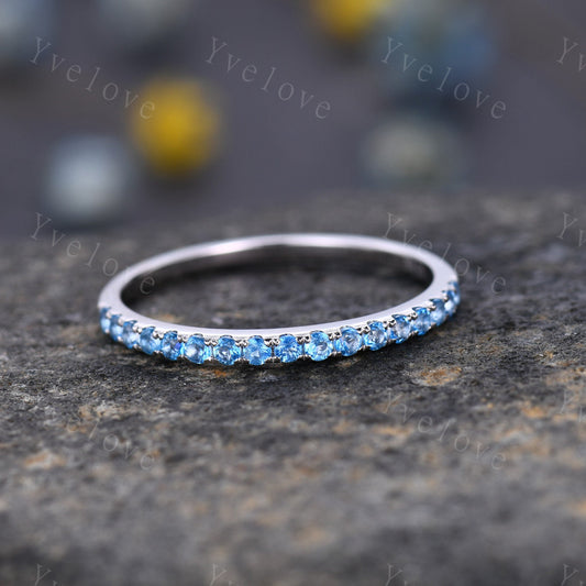 Swiss blue topaz wedding ring 14k white gold wedding band half eternity blue topaz matching band stacking ring anniversary gift for women